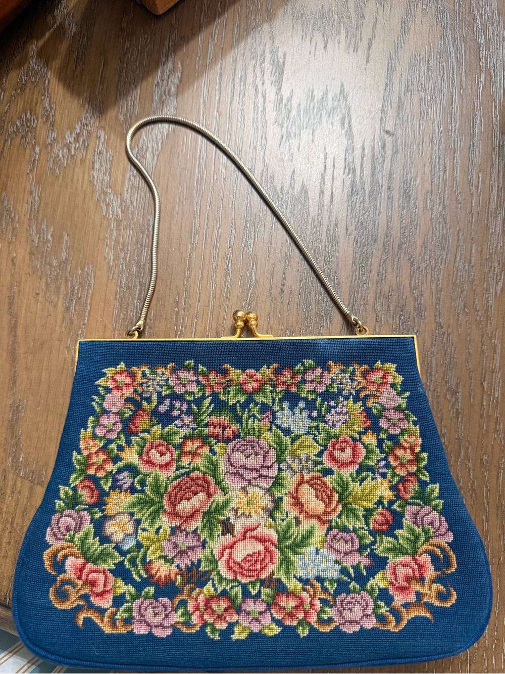 Vintage Navy Floral Needlepoint Frame Clutch with Gold Chain - Picture 3 of 3